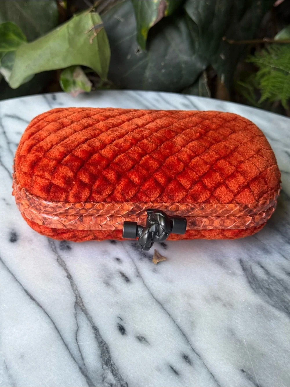 Bottega Veneta Orange Velvet Ayers Trim Knot Clutch with Python Trim NWOT